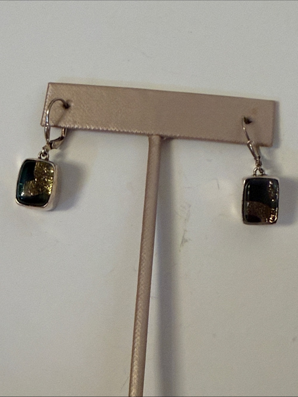 EARRINGS STERLING SILVER 925 GREEN GOLD DICHROIC GLASS PIERCED LEVER BACK